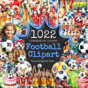 Pacote de clipart de aquarela de futebol - mais de 1015 PNG transparentes, gráficos de equipamentos esportivos, imagens de bolas de futebol, uso comercial, download digital