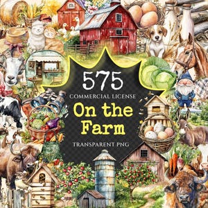 On the Farm Watercolor Clipart Bundle - 570+ transparent PNG, Rustic farmyard scenes png, Agricultural art, Commercial use, Digital download