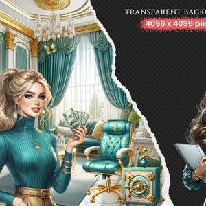 Money Girl Clipart Set - 100+ transparent PNG, Finance planning illustrations, Bank cash printables, Commercial use, Digital download