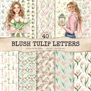 Peut inclure: Collection d'art numérique "Blush Tulip Letters" avec 40 motifs sans couture. Les motifs comprennent des motifs floraux avec des tulipes roses, des formes géométriques et des illustrations de lanternes et de bougies. L'image comprend également deux illustrations de femmes.
