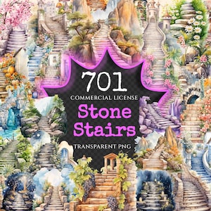 Stone Stairs Watercolor Clipart Bundle - 698+ transparent PNG, Graceful step graphics, Charming stair png, Commercial use, Digital download
