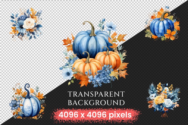 Blue Fall Watercolor Clipart – Pumpkin Floral Graphics (digital ...