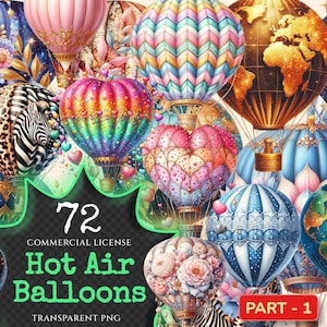 Hot Air Balloons PNG Clipart Collection - 72 PNG, Airy balloon graphics, Stunning sky printables, Commercial use, Digital download