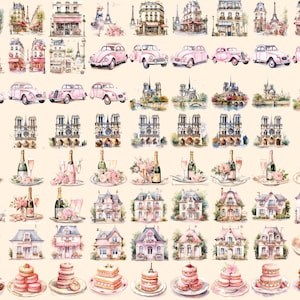 Bonjour Paris Watercolor Clipart Bundle - 575+ transparent PNG, Pink paris graphics, French illustrations, Commercial use, Digital download