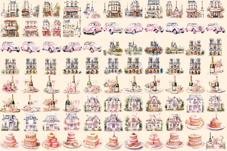 Bonjour Paris Watercolor Clipart Bundle - 575+ transparent PNG, Pink paris graphics, French illustrations, Commercial use, Digital download