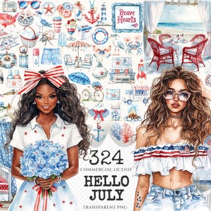 Hello July Watercolor Clipart Set - 320+ transparent PNG, Patriotic summer illustrations, 4th of july art, Commercial use, Digital download