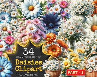 Daisies PNG Clipart Collection – 34 Floral Illustrations (Digital Download)