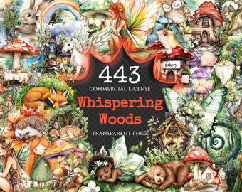 May include: A collection of 443 watercolor illustrations featuring whimsical woodland creatures, fairies, mushrooms, and houses. The illustrations are perfect for crafting, scrapbooking, and digital design.  The text "Whispering Woods" is featured in the center of the image.