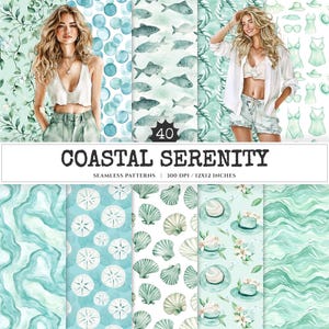 Coastal Serenity Seamless Patterns, Seaside JPEG, Starfish pattern, Coral, Pebbles, Summer beach repeating pattern, Digital scrapbook paper