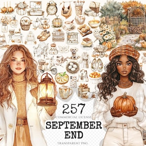 September End Watercolor Clipart Set - 253+ transparent PNG, Cozy autumn graphics, Cottagecore, pumpkin png, Commercial use,Digital download