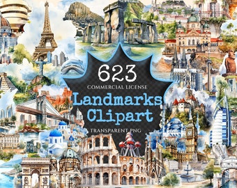 Landmarks Watercolor Clipart Bundle - 620+ transparent PNG, Popular landmark graphics, top wonders clipart, Commercial use, Digital download
