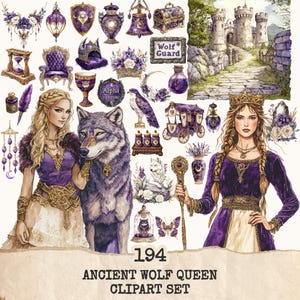 Może przedstawiać: Zestaw clipartów akwarelowych o tematyce fantasy z wilkiem, królową i różnymi elementami średniowiecznymi. Zestaw zawiera zamek, elementy dekoracyjne i tekst "194 ANCIENT WOLF QUEEN CLIPART SET". Paleta kolorów zdominowana jest przez fiolet i złoto.