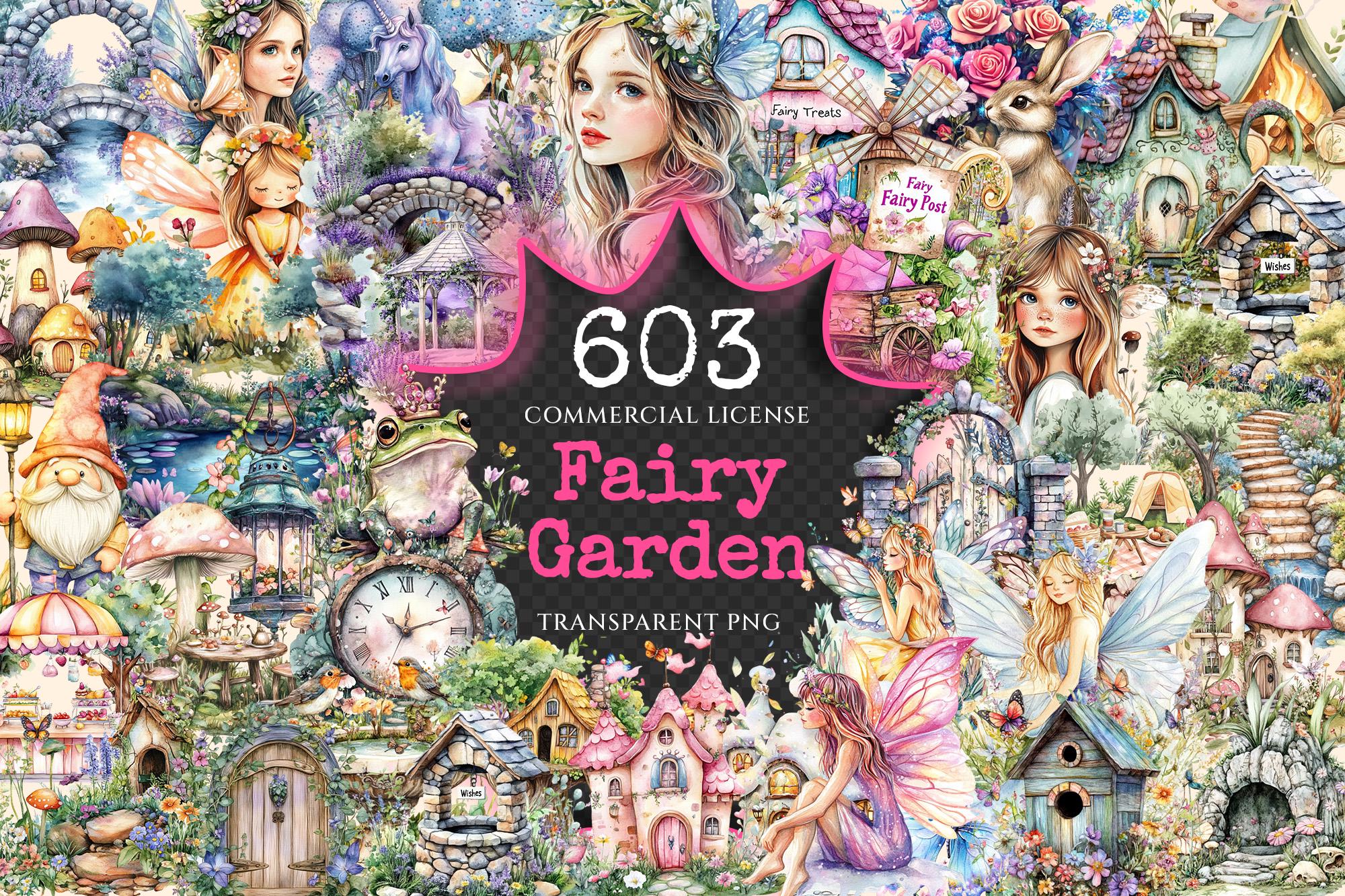 Fairy Garden Watercolor Clipart Bundle – 600+ PNG Graphics (digital ...