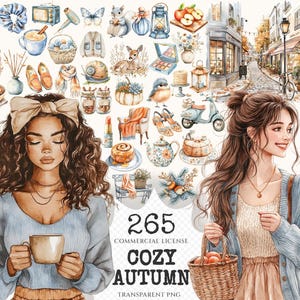 Cozy Autumn Watercolor Clipart Set - 260+ transparent PNG, Pumpkin cottagecore graphics, Neutral autumn PNG, Commercial use,Digital download