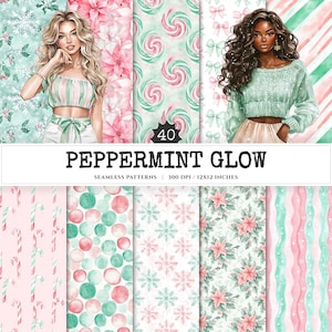 May include: A digital art collection featuring 40 seamless patterns with a Peppermint Glow theme. The patterns include candy canes, poinsettias, and abstract designs in shades of pink, green, and white. The image also includes illustrations of women.