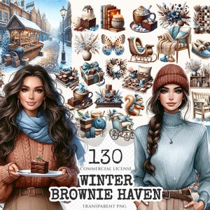 Könnte beinhalten: Digitale Illustration mit winterlichen Elementen wie Brownies, heißer Schokolade und gemütlichen Accessoires. Das Bild zeigt zwei Frauen und den Text "Winter Brownie Haven".