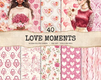 Valentines Seamless Patterns, Hearts, Birds, Roses (Digital Download)