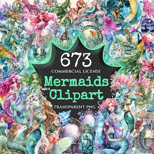 Mermaids Watercolor Clipart Bundle - 670+ transparent PNG, Enchanting mermaid illustrations, Sea siren art Commercial use, Digital download