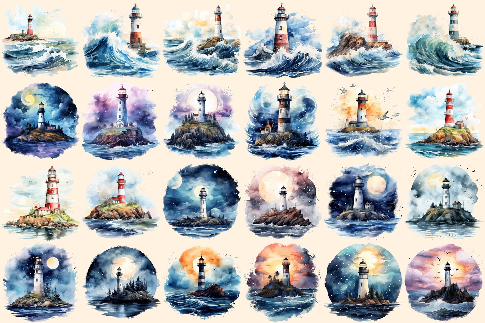 Lighthouses Watercolor Clipart Bundle – 154+ PNG Images (digital ...