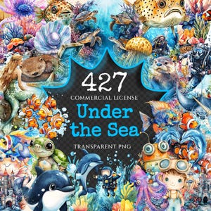 Under the Sea Watercolor Clipart Bundle - 422+ transparent PNG, Ocean life graphics, Marine creature art, Commercial use, Digital download