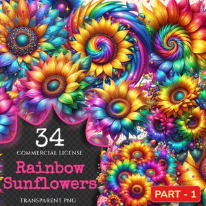 Rainbow Sunflowers PNG Clipart Collection - 34 PNG, Bright floral Illustrations, Lively printables, Commercial use, Digital download