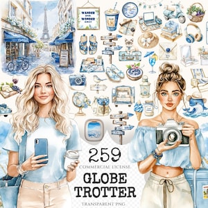 Globe Trotter Watercolor Clipart Set - 255+ transparent PNG, Summer adventure illustrations, Travel art, Commercial use, Digital download