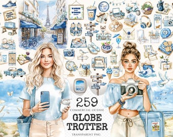 Watercolor Travel Clipart Set – Globe Trotter Illustrations (PNG Digital Download)