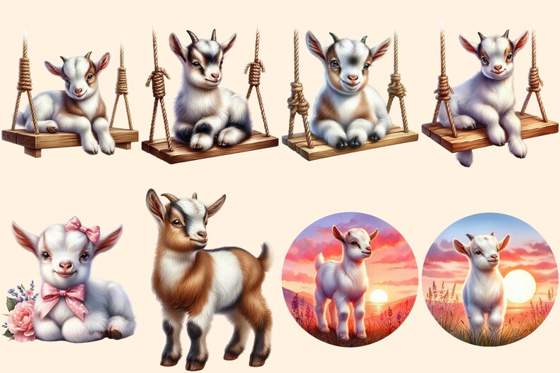 Baby Goats PNG Clipart Collection - 38 PNG, Charming goat illustrations, Farmyard art printables, Commercial use, Digital download