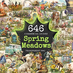 Puede incluir: Un collage de 646 imágenes que representan una escena de prado primaveral de ensueño con flores, animales y hadas. El texto "646 Licencia Comercial Spring Meadows PNG Transparente" se muestra en una estrella verde.