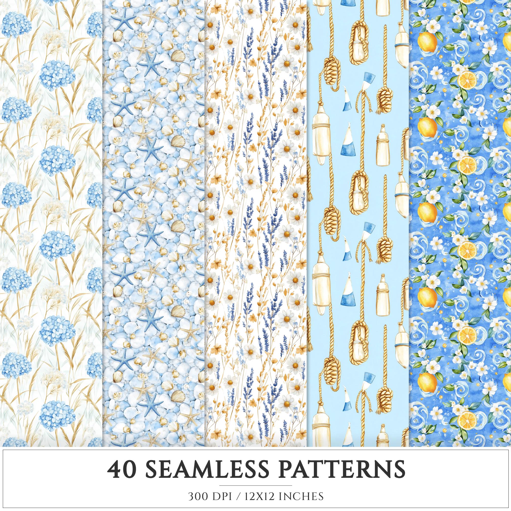 Capri Blue Seamless Patterns, Mediterranean, Seashells, Pampas (digital ...