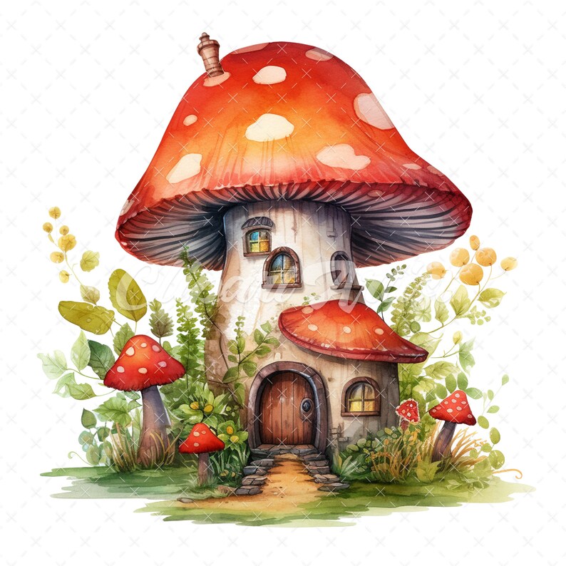 Watercolor Mushroom House Clipart – Fairy Tale Cottage (digital ...