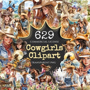 Cowgirls Watercolor Clipart Bundle - 623+ transparent PNG, Western female graphics, Cowgirl rodeo images, Commercial use, Digital download