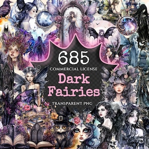 Dark Fairies Watercolor Clipart Bundle - 680+ transparent PNG, Enchanting fairytale art, Gothic designs PNG, Commercial use,Digital download