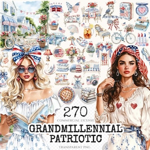 Grandmillennial Patriotic Watercolor Clipart Set - 265+ transparent PNG, Chinoiserie clipart, 4th july png, Commercial use, Digital download
