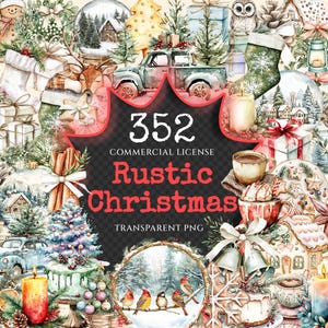 Rustic Christmas Watercolor Clipart Bundle - 348+ transparent PNG, Warm holiday scenes, Rustic x-mas images, Commercial use,Digital download