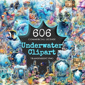 Underwater Watercolor Clipart Bundle - 600+ transparent PNG, Underwater life illustrations, Seascape png, Commercial use, Digital download