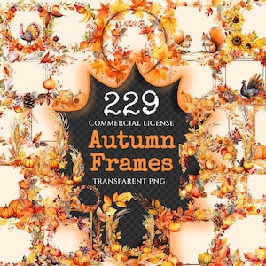 Autumn Frames Watercolor Clipart Bundle - 225+ transparent PNG, Fall flowers frame graphics, Autumn images, Commercial use, Digital download
