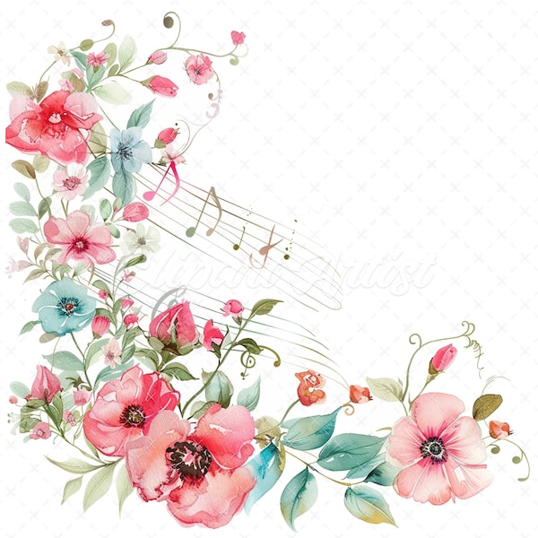 18 High-Quality Floral Music Notes Clipart - Music notes digital watercolor JPG instant download for commercial use - Digital download