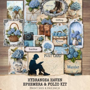 Pode incluir: Uma colagem em estilo vintage com ilustrações de hortênsias azuis e elementos retrô. Inclui uma bicicleta, uma cesta, uma câmera e bagagem, com etiquetas como "Bloom", "Roam" e "Wander". O texto "Hydrangea Haven Ephemera & Folio Kit" também está presente.