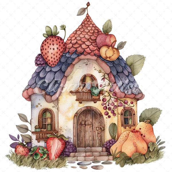 20 High-Quality Fairy Fruit Houses Clipart - Fairy fruit house digital watercolor JPG instant download for commercial use - Digital download