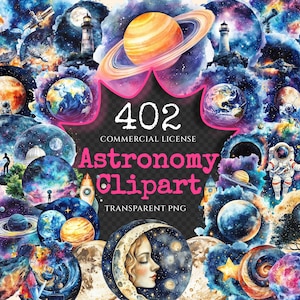 Astronomy Watercolor Clipart Bundle - 400+ transparent PNG, Sky and planet graphics, Celestial starry art, Commercial use, Digital download