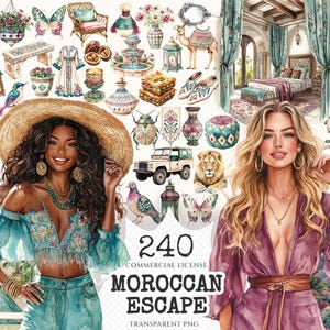 Moroccan Escape Watercolor Clipart Set - 235+ transparent PNG, Summer travels graphics, Moroccan decor art, Commercial use, Digital download