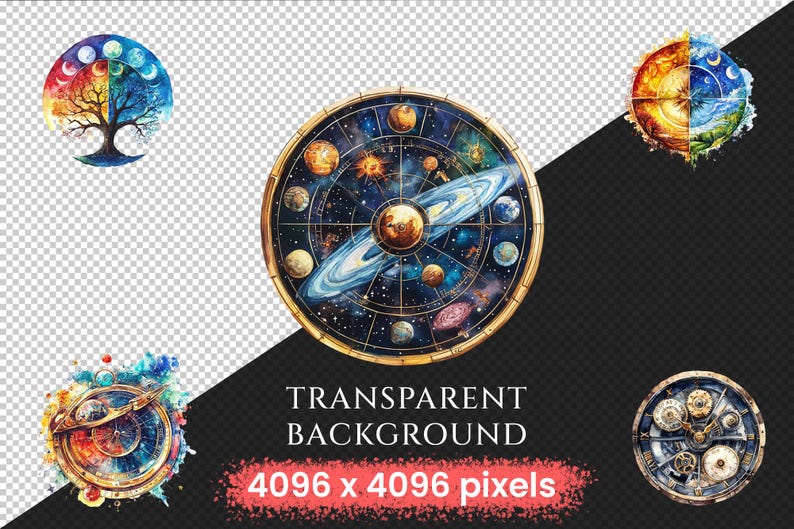 Time Wheels Watercolor Clipart Bundle - 213+ transparent PNG, Vintage clock graphics, Timeless timepiece png,Commercial use,Digital download