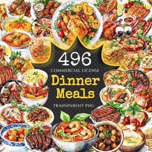 Dinner Meals Watercolor Clipart Bundle - 490+ transparent PNG, Nighttime meal graphics, Evening dining png, Commercial use, Digital download
