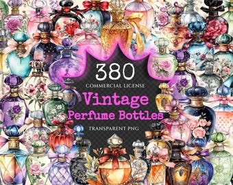 Vintage Perfume Bottles Watercolor Clipart – 375+ PNG Graphics (Digital Download)