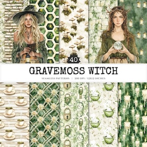 Gravemoss Witch Seamless Patterns, Mystical forest JPEG, Cauldron pattern, Grave, Moss and fern repeating pattern, Digital scrapbook paper