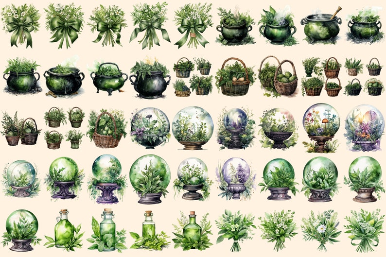 Herbal Witches Watercolor Clipart Bundle - 310+ transparent PNG, Whimsical fantasy graphics, Enchanted png, Commercial use, Digital download