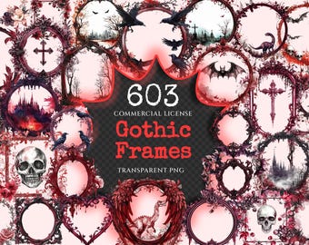 Gothic Watercolor Frames Clipart – Crimson Red Borders, 600+ PNG (Digital Download)