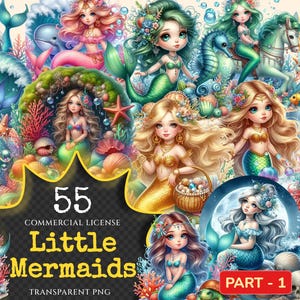 Little Mermaids PNG Clipart Collection - 55 PNG, Sweet mermaid illustrations, Ocean themed printables, Commercial use, Digital download
