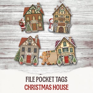 May include: Four decorative Christmas house-themed file pocket tags featuring detailed illustrations of festive buildings, Santa Claus, a snowman, a gingerbread man, Christmas trees, wreaths, and signs reading Santa's Cozy Cottage and Christmas Cheer.